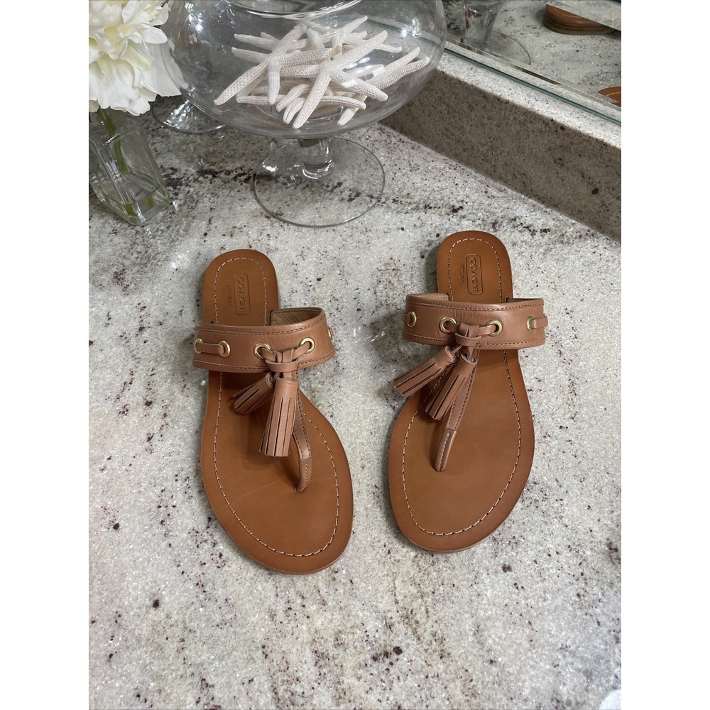 Coach Sheena Womens Tan Leather Tassel Flip Flops Sandals 7 B Brown Flat Sandal